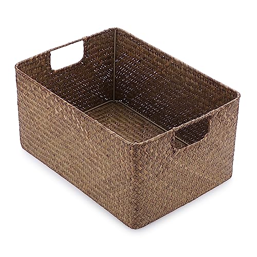 IGNPION Canasta de almacenamiento abierta para sala de estar, escritorio, caja decorativa de mimbre tejido, cesta rectangular para baño, organizador de almacenamiento, estantes y escritorios, cesta de