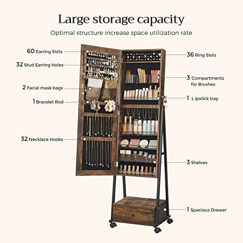 Image of SONGMICS Jewelry Cabinet Floor Standing, Lockable Jewelry Organizer with High Full-Length Mirror, Bottom Drawer, Shelf, Wheels, Jewelry Armoire, Gift Idea, Rustic Brown and Black UJJC004X01