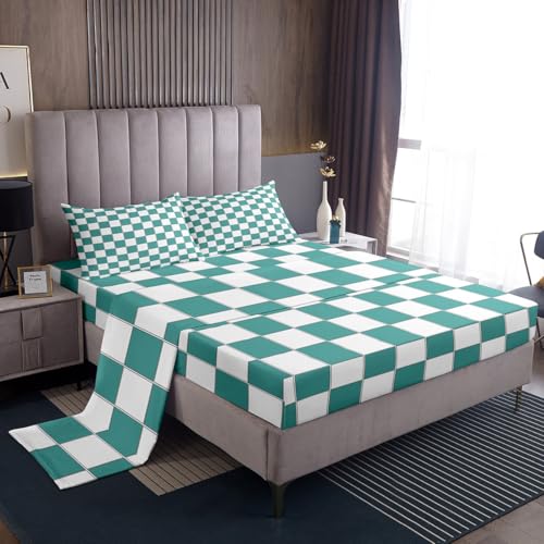 Image of Erosebridal Teal Plaid Bed Sheets Queen Turquoise Checkered Sheet Set Geometric Grids Gingham Bedding Set for Kids Boys Girls,Soft Lightweight Fitted Flat Sheets 4 Piece