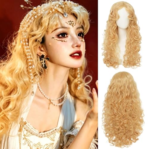 Siudus Blonde Long Curly Wavy Wig for Women with Bang Synthetic Princess Vintage Cosplay Anime Costume Hair Wig