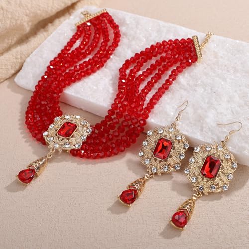 Octwine Boho Gold Silver 1920s Layered Pearls Necklace Teardrop Earrings Set for Women Trendy Retro Black Necklace Dainty Bride Wedding Crystal Rhinestones Pearls Necklace Earrings Set for Women4