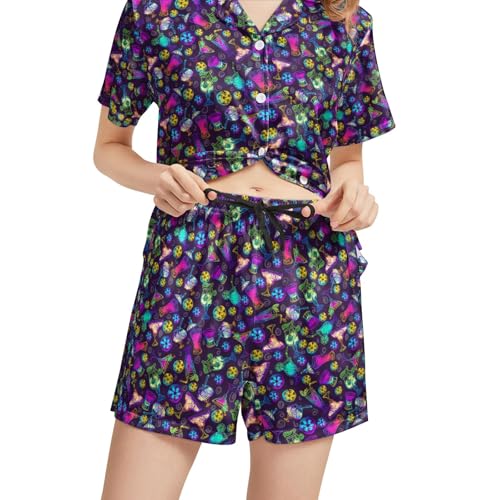 Image of Funny Satin Pajamas Set for Women Button Down Sleepwear Print Pjs Set 2 Piece Short Sleeve Loungewear Gift for Women