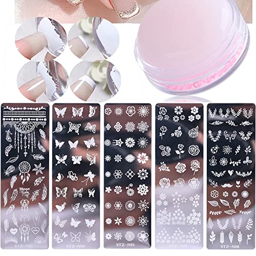 5 PCS Nail Stamp Template Kit and 1 Nail Art Stamper Nail Art Flower Leaf Butterflies Nail Art Templates Nail Stamper Stencil Plates Set for DIY Design Decoration Manicure Template Tools Nail Designer