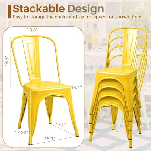 Image of Furmax Metal Dining Chair Indoor Outdoor Use Stackable Classic Trattoria Chair Chic Dining Bistro Cafe Side Metal Chairs Set of 4 (Yellow)
