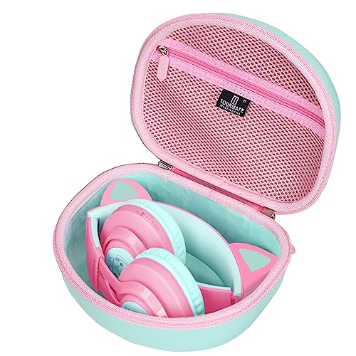 Image of Tourmate Hard Travel Case for Riwbox CT-7 / CT-7S Cat Ear LED Light Kids Wireless Headphones, Protective Carrying Storage Bag (Pink&Green)