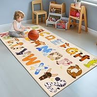 GthreeD Kids Rugs for Playroom - Soft & Non-Slip 80x150 cm Educational Rug for Learning ABC Alphabet & Animals, Washable Classroom Rug for Toddler Nursery & Kids Room Decor.