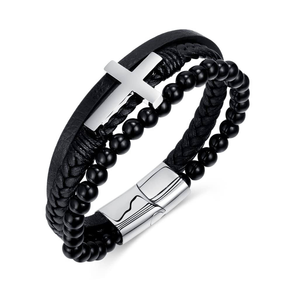 OnefeartStainless Steel Bracelet For Men Boy Handmade Multi-Layer Woven Design Length 21CM Silver