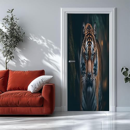 Pegatinas 3D para Puertas de Interior Tigre feroz Animales salvajes Mural de Puerta Autoadhesivo, Extraíble, para Dormitorio, Sala de Estar, decoración del Hogar, 80 X 200 Cm