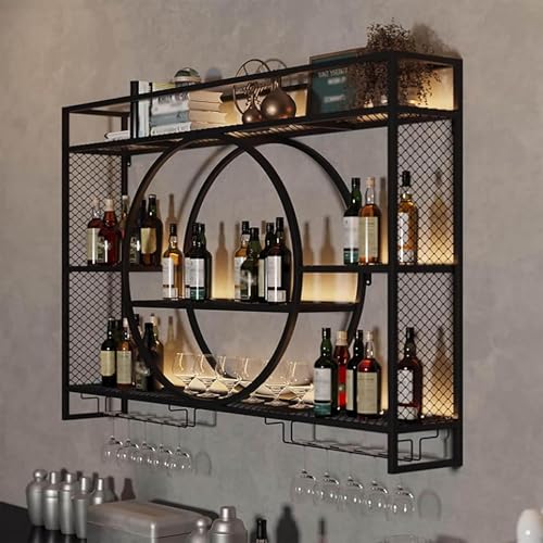 Liquor Bottles Bar Shelves Wall Mounted with LED Lighting Glass Holder, Wine Rack 3-Tiers Display...