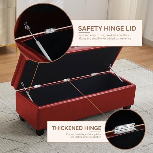 Image of WUTUTUEE 50 inch Faux Leather Storage Ottoman Bench, End of Bed Upholstered Rectangle Storage Ottoman Tufted Living Room Bedroom Bench with Safety Hinge, Solid Wood Legs, Loads 500 lb(Red)