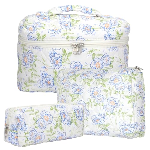 KOMABLEN 3pcs Neceser Maquillaje, Neceser Viaje Mujer de Algodón, Floral Makeup Bag, Organizador Bolsa de Aseo para Maquillaje Necessaire Viajes Accesorios de Mujer