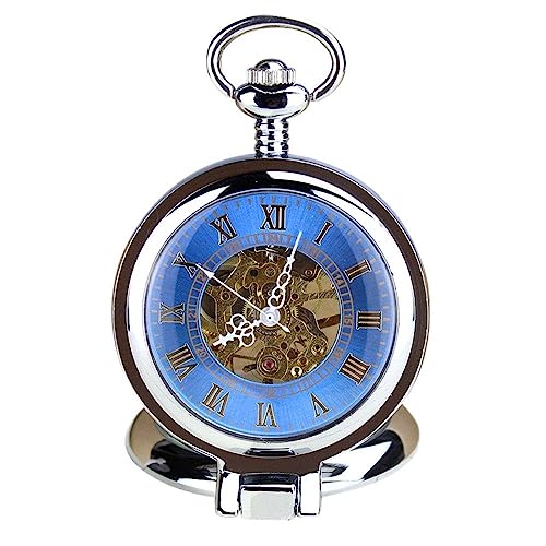 KTC Vintage Silver Color Hand-Wind Mechanical Blue Hollow Dial Roman Numeral Pocket Watch