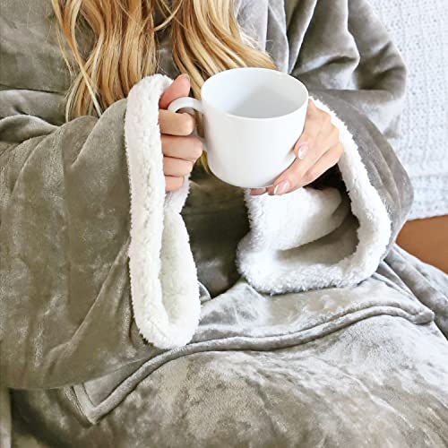 Image of Catalonia Sherpa Wearable Blanket with Sleeves Arms, Super Soft Warm Comfy Large Fleece Plush Sleeved TV Throws Wrap Robe Blanket for Adult Women and Men Black