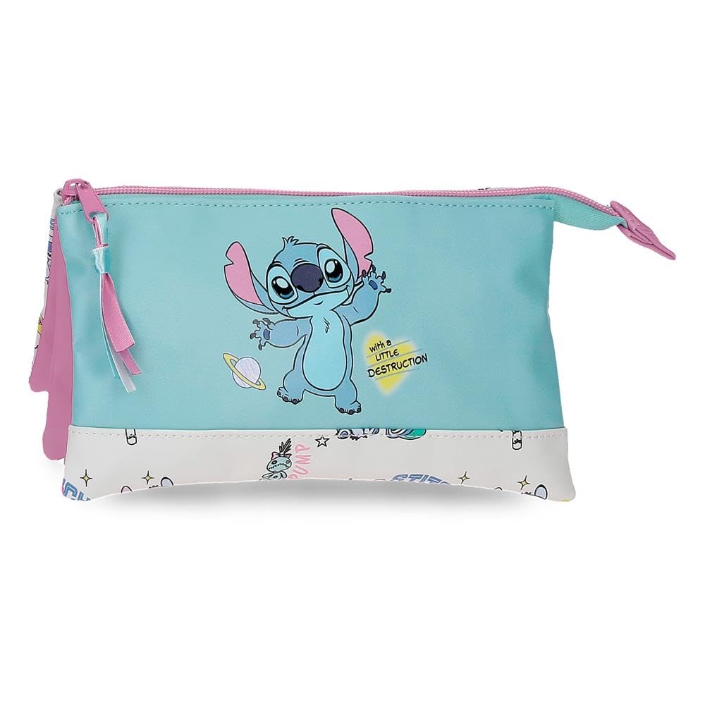Disney Joumma Stitch Little Destruction Estuche Triple Turquesa Verde 22x12x5 cm PVC