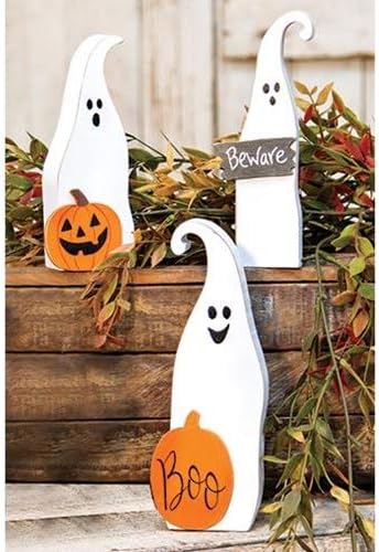 Miniatura 1 de Friendly Ghosts - Juego de 3 fantasmas de madera con letrero de calabaza Beware  Decoración de otoño de Halloween  Aspecto envejecido de granja