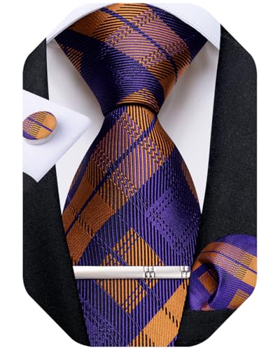 Image of DiBanGu Mens Silk Plaid Tie and Pocket Square Set | Elegant Silk Formal Tie Set, Woven Check Necktie and Cufflinks Tie Clip Set, Perfect for Wedding Party, Comes in Gift Box