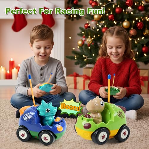 Image of 2-Pack RC Dinosaur Cars for Kids - Remote Control Dinosaur Toy Cars with Music and Lights, Birthday Gift Toy for Boys Ages 2 3 4 5 Year Old and Toddlers 18+ Months