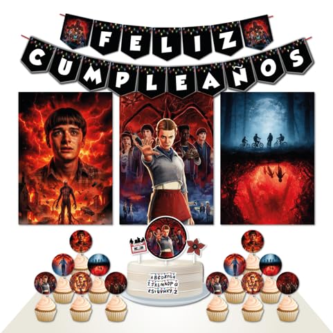 Decoración Cumpleaños StrangerrThiings - 3 Carteles A3, 2 Banderines, 1 Cake Topper, 12 Toppers - (Pack 2)