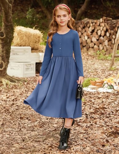 GRACE KARIN Girls Fall Long Sleeve Dresses Girl Casual Maxi Dress with Pockets Kids Formal Party Dress Size 6-144