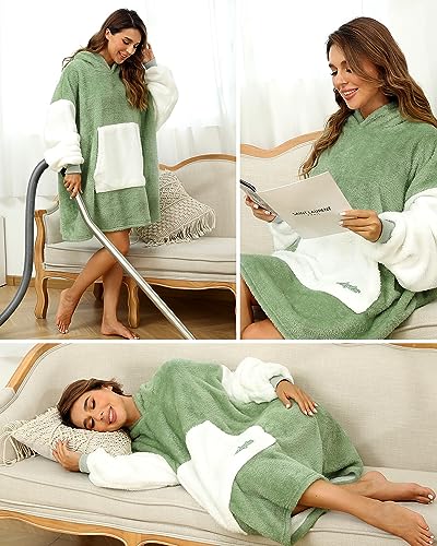Argstar Übergroße Hoodie Decke tragbare Decken Hoodie leichte Kapuzendecke, kuschelige Samt-Decke,warmes Hoodie mit Tasche und elastischen Ärmeln für Erwachsene Damen und Herren Salbeigrün