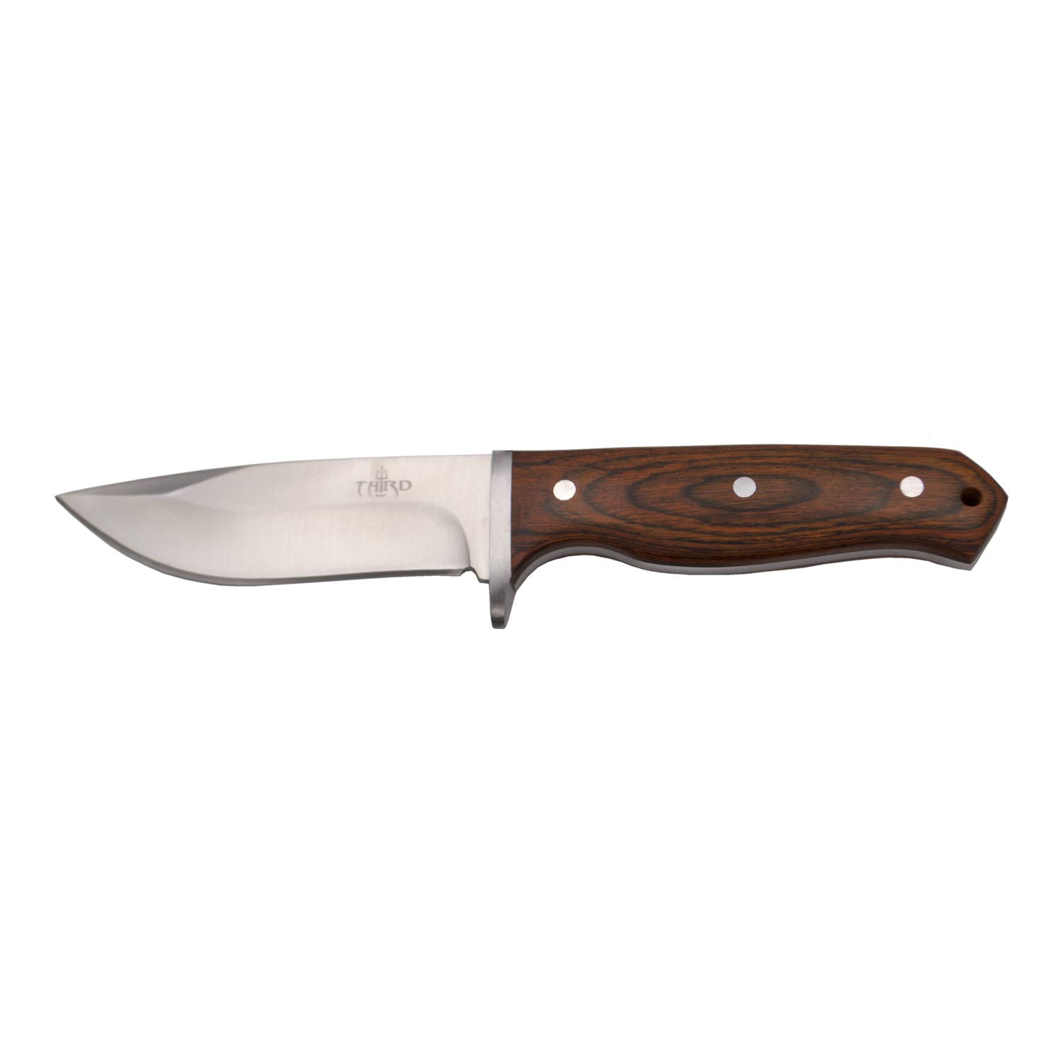THIRD Cuchillo de Caza 16367PW, con Hoja de Acero 440 de 10.6 cm Acabado Satinado, Mango de Pakkawood. Incluye Funda de Piel