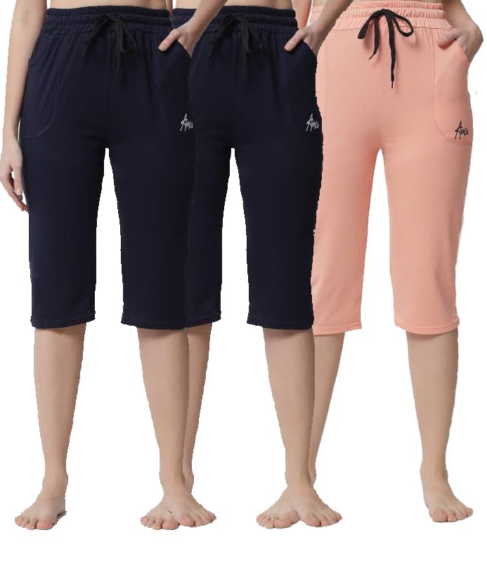 Image of Women's Cotton Capri Pants, Drawstring Waist, Knee Length, Pack of 3