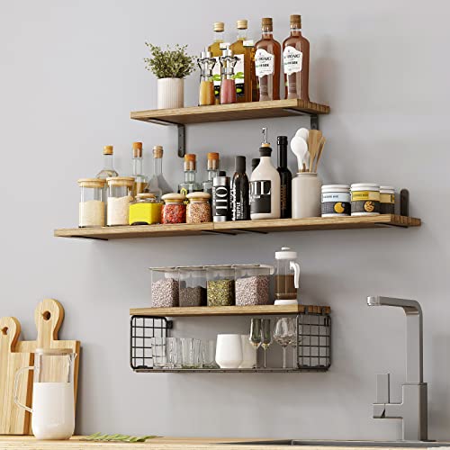 Fixwal 4+1 Tier Floating Shelves, Rustic Wood Wall Shelf, Bathroom Shelves Over Toilet With Wire Storage Basket, Farmhouse Wall Decor For Bedroom, Kitchen, Living Room And Plants (Rustic Brown) #TOP6