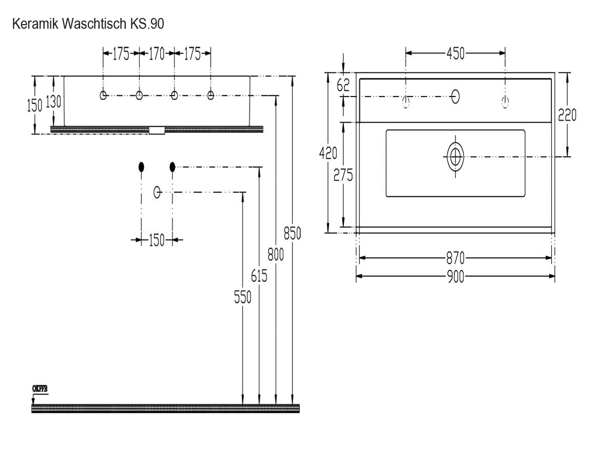 Aqua Bagno lavabo grande 90 cm rectangular cerámica blanco brillo, lavabo suspendido para baño moderno con orificio para grifo y rebosadero, diseño contemporáneo y fácil de limpiar | Lavabo colgante de borde fino con agujero para grifo y rebosadero, color