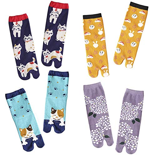 Papermore 4-Pairs Pack Flip-Flop Socks Split Toe Tabi Ninja Geta Socks
