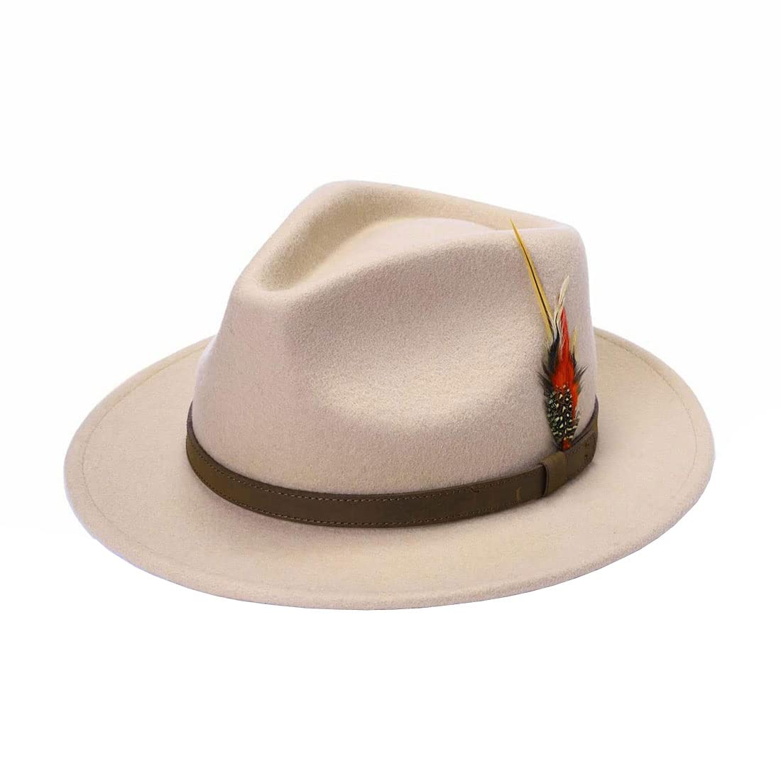 Mens Trilby Adjustable Band Feather Fedora Hat Womens Wool Cowboy Style Party Wear Hat Beige