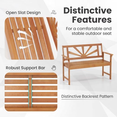 Image of Giantex Outdoor Wooden Bench, 2-Person Patio Garden Loveseat | Patio Bench with Armrests and Backrest, Acacia Wood Garden Bench Seating for Backyard, Front Porch and Park, 800 lbs Max Load