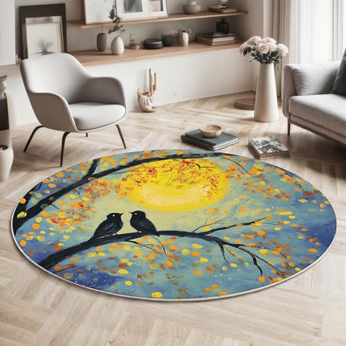 Tapis rond 200cm jaune doux avec silhouettes d'oiseaux poétiques