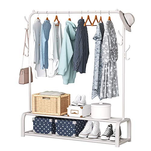 ACCSTORE Porte-Vêtements en Métal Suspension Autoportante avec Double Couche étagère de Rangement et Crochets Latéraux,Blanc