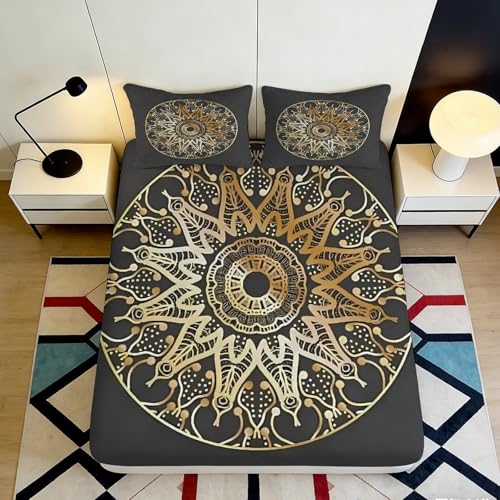Drap housse imprimé 3D mandala microfibre poche profonde antidérapant