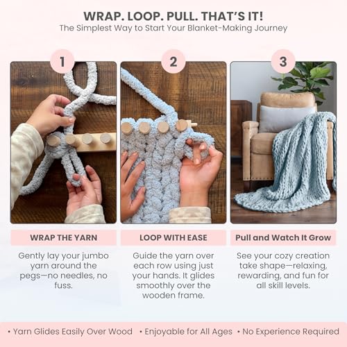 Image of Looma 46 inch Wooden Loom Frame for DIY Throw Blankets Chunky Knit Blanket Kit - Adjustable Size Hand Knitting Kit - No Needles Required - Beginner-Friendly Yarn Craft for Home Decor & Stress Relief