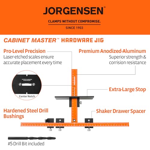 Image of JORGENSEN Cabinet Hardware Jig Tool - Aluminum Alloy & Double Scale Cabinet Handle Jig Template, Professional for Installing Door Drawer Front Knobs Handles & Pulls with 5mm Alignment Drilled Hole