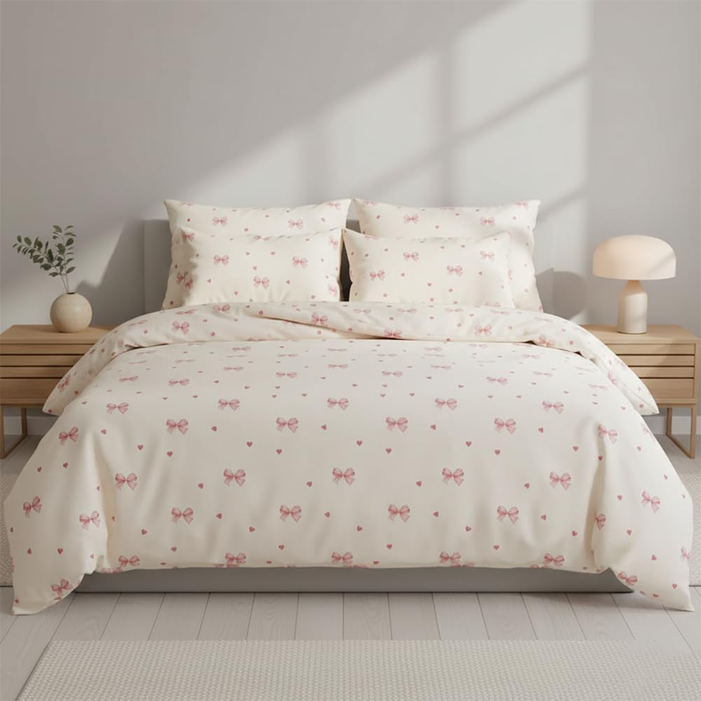 Nayoroom Bettwäsche 135x200 Weiß Rosa Schleifen Kirschen Bettbezug Bettwäsche-Sets