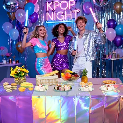 Image of 3 Pack Iridescent Pink and Purple Kpop Plastic Tablecloths, FunnyPars Disposable Rectangle Table Covers, Holographic Metallic Foil Tablecloth Iridescent Party Decorations for Kpop Birthday, 54x108Inch
