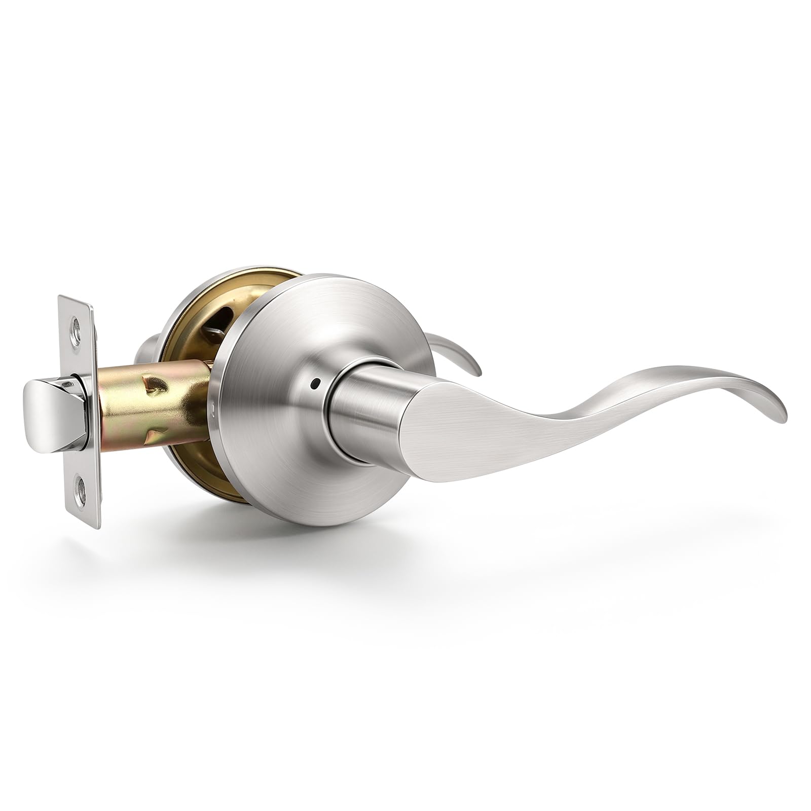 Mengico 1 Pack Satin Nickel Modern Interior Passage Door Knobs, Keyless Door Handle for Hallway &amp; Closet, Wave Style Non-Locking Door Lever Reversible for Left &amp; Right Handed