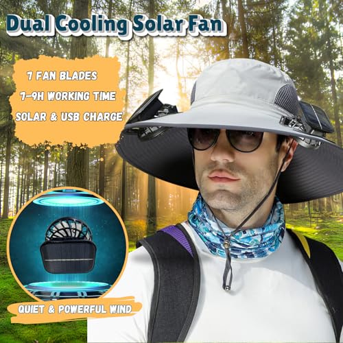 Image of Outdoor Wide Brim Sun Hat with 2 Solar Fan Sun Bucket Hat for Men Women UPF 50+ Bucket Fishing & Beach Hat with Fan Built in