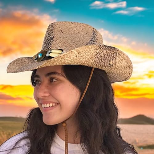 Image of SILVERFEVER Straw Cowboy Hat Cowgirl Hats Men Women Sun Hat Sombreros Vagueros Classic Western Accents Sombreros