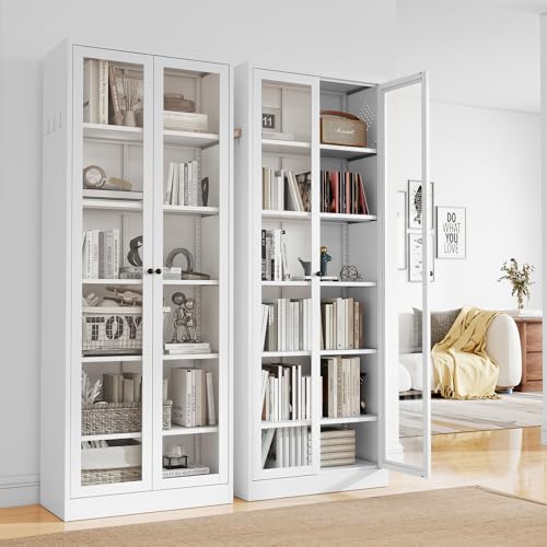 FLIXELIO Full Glass Door Steel Pantry Cabinet 71' Tall Metal Kitchen Storage Organizer with...