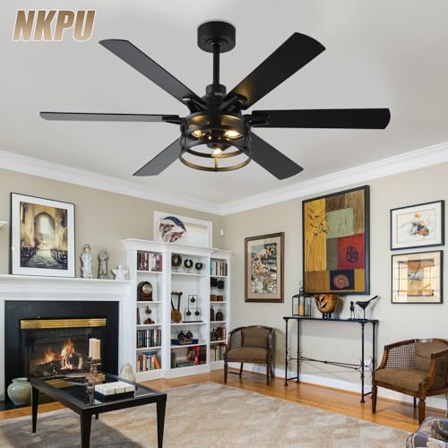 Image of NKPU 52 Inch Farmhouse Ceiling Fan with Light and Remote, Black Industrial Caged Rustic Ceiling Fan with 6 Speed Reversible Motor and Dual Finish 6 Blades, Rustic Ceiling Fan for Living