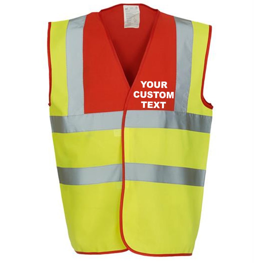 (S) YK001 Personalised Hi-vis 2-Band-and-Braces Waistcoat, Custom Text Hi vis Vests Red-Yellow Front Print Small