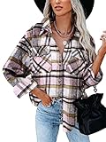 BTFBM Women Corduroy Shacket Jacket 2023 Long Sleeve Button Down Casual Plaid Flannel Shirts Boyfriend Fall Blouses Tops(Plaid Print Pink, Large)