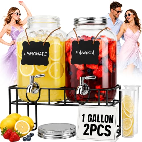 ComfyCheer 2 PCS 1 Gallon Glass Drink Dispensers for Parties with Stand & Fruit Infuser,Beverage Dispenser for Lemonade, Water, Juice, Iced Tea & Cocktail, Laundry Detergent Dispenser