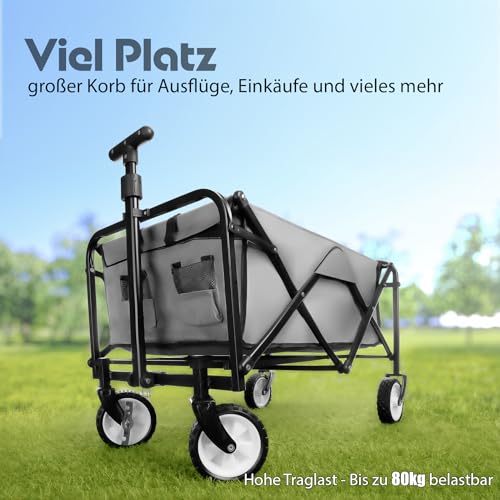 BigDean Bollerwagen faltbar grau kompakt & belastbar bis 80kg – Bollerwagen platzsparend zusammenklappbar für Ausflüge, Camping & Einkäufe – Bild 3