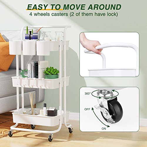 LEHOM-3-Tier-Rolling-Utility-Cart-with-Hanging-Cups-Hooks-Handle-Plastic-Art-Cart-Organizer-Storage-with-Wheels-Easy-Assembly-for-Office-Bedroom-Kitchen-Bathroom-Laundry-White LEHOM 3 Tier Rolling Utility Cart with Hanging Cups Hooks Handle Plastic Art Cart Organizer Storage with Wheels Easy Assembly for Office Bedroom Kitchen Bathroom Laundry White
