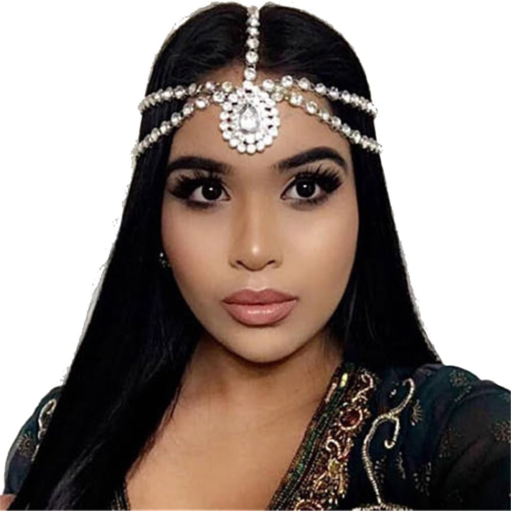 YERTTER Wedding Silver Rhinestone Head Chain With Clip Jewelry Forehead Crystal Tassel Headpiece Crystal Flapper Chain Headband Hair Accessories for Women Brides Prom Costume(Silver 1)