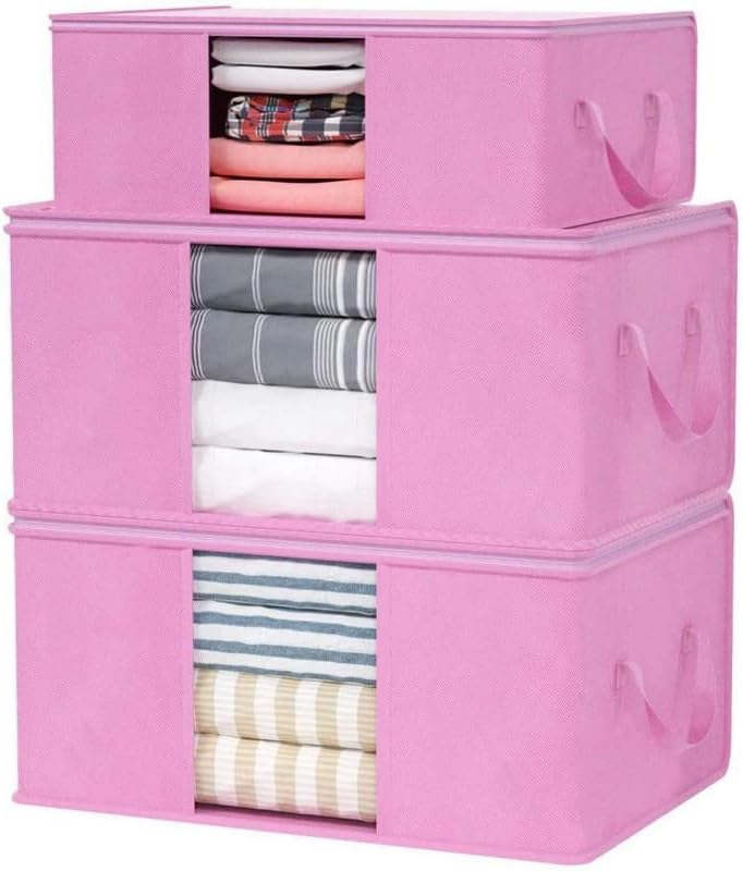 STORE MORE Non Woven Underbed Storage Bag With Side Handles Storage Organizer Blanket/Storage Bag for Wardrobe Organizer Blanket Cover with a large Transparent Window (Pink, Combo of 3)